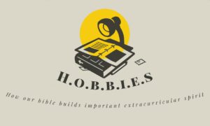 Image of a scrapbook on top of a bible, with the acronym "HOBBIES" then spelled out as How the Bible Builds Important Extracurricular Spirit