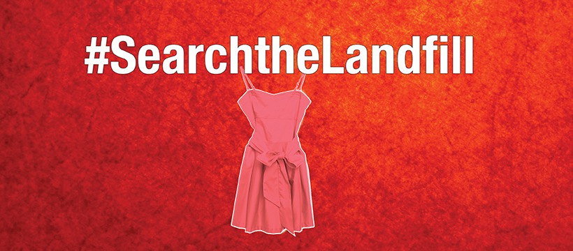 A red dress on a red background, and the text #SearchtheLandfill