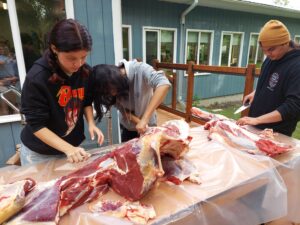 3 youth cutting meat from a side of beef