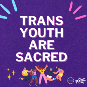 Purple background and dancing diverse people with the header "trans people are sacred".