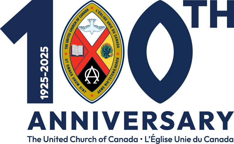 1925-2025 !00th Anniversary, with the United Church crest forming the second zero. Text underneath: The United Church of Canada/ L'eglise unie du Canada.