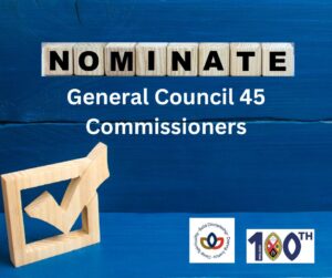 A blue background with "Nominate" General Council 45 Commissioners" in white text. 