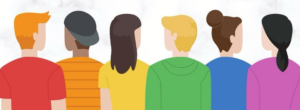 Image of the backs of 6 youth in rainbow coloured shirts with different skin tones