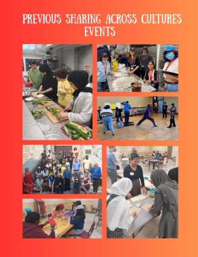 photos from prior event of people posing on stairs, or people preparing food, or people doing a craft, of people playing a game