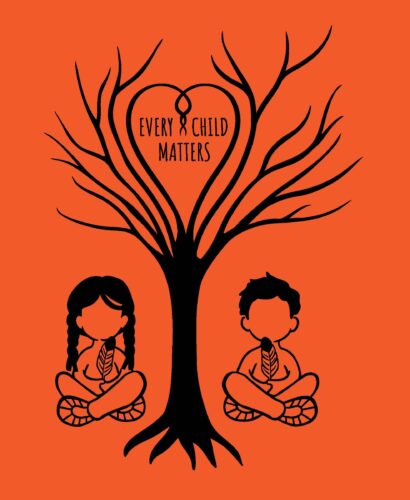 An orange background and an ink drawing of two children seated crosslegged on either side of a tree. Lettering in the tree reads "Every child matters".