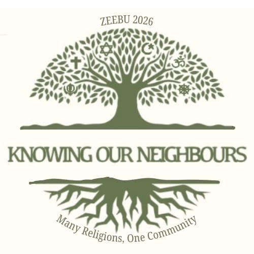 Retreat logo; A tree on the top, with a bunch of roots below the title "Knowing our Neighbours." Below the tree is the tag line "Many Religions, One Community" and above the tree it says "Zeebu 2026" 
