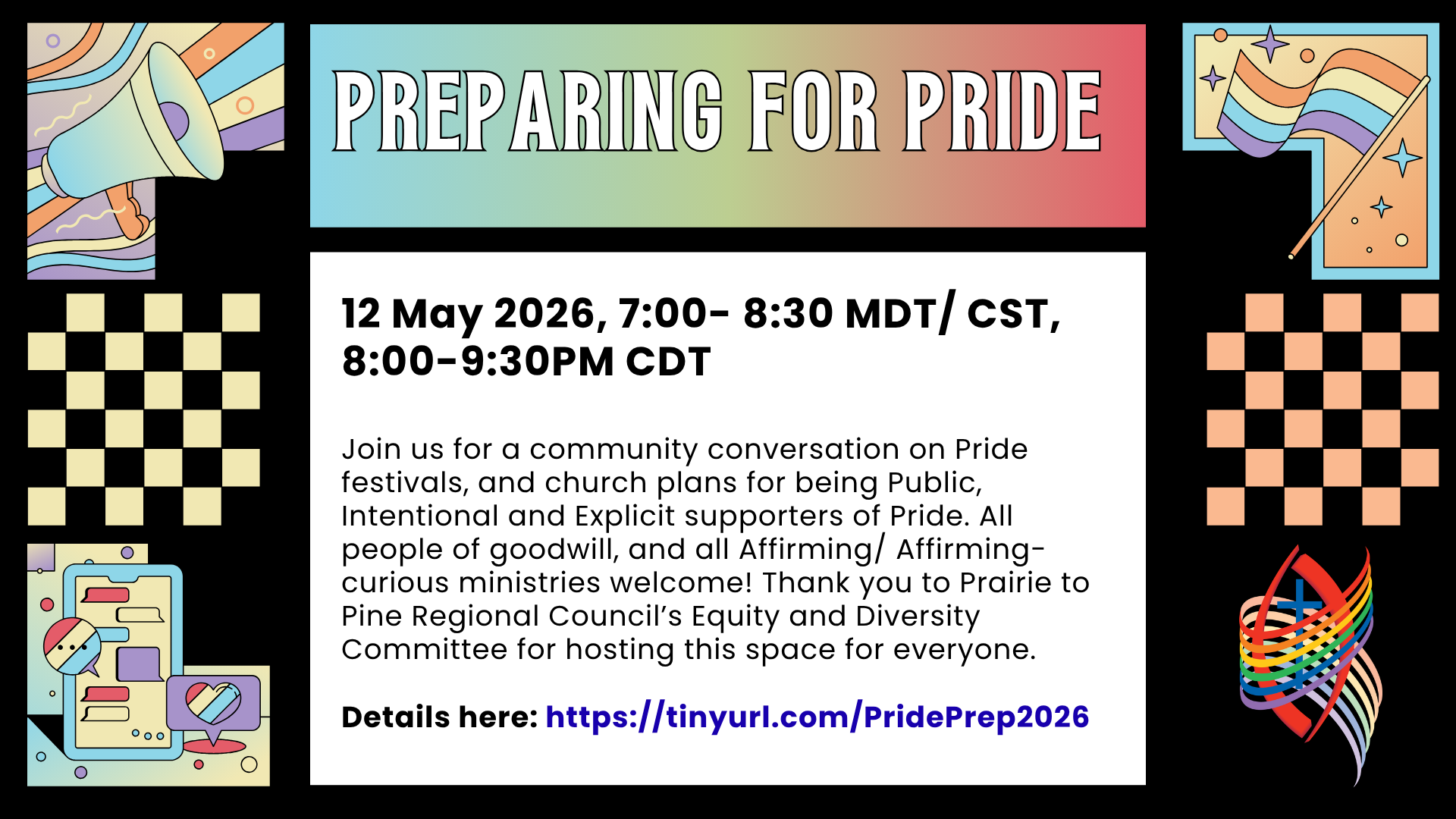 Black background and 1920s font on a rainbow background, reading "preparing for Pride"