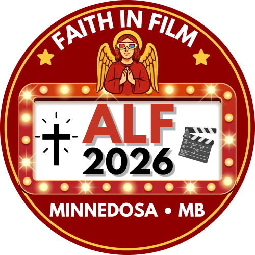 Logo includes the words already found in text, plus an angel with 3D glasses, a cross, a movie clapper board and flashing lights