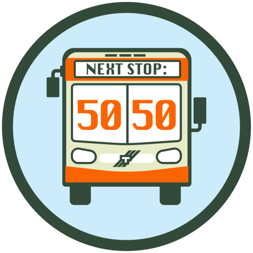 A drawing of an orange and beige bus, whose sign reads: Next Stop, 50 50.